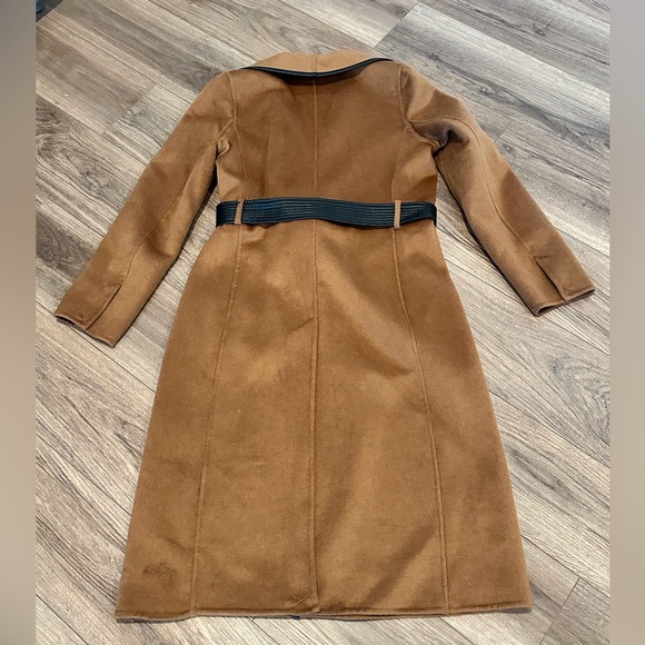 Tahari Juliette Wool Blend Brown Belted Coat with Faux Leather Trim Size Medium - Picture 10 of 15